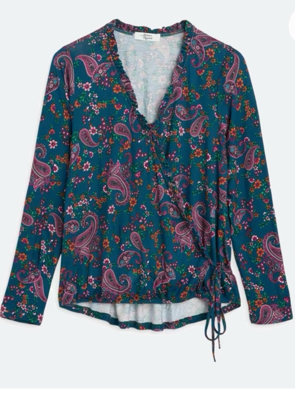 Beacon Apparel Teal Paisley Floral Wrap Top Blouse | Tie Waist Boho